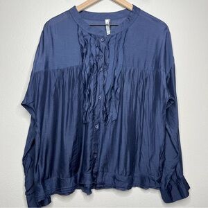Monoreno Anthropologie Women Blouse Small‎ Navy Blue Long Sleeve Ruffle Trim Top